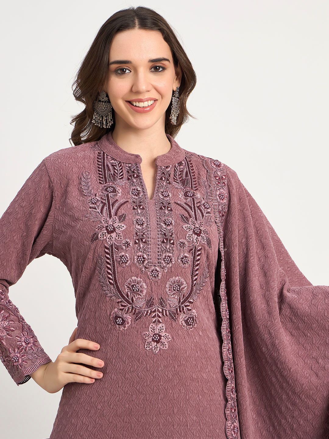 Premium Mauve Knit Embroidered Kurti Pant Shawl Set