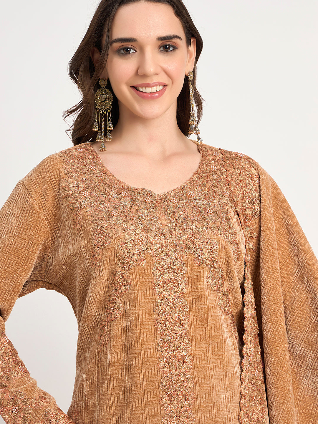 Golden Beige Winter Embroidered Suit Set with Shawl
