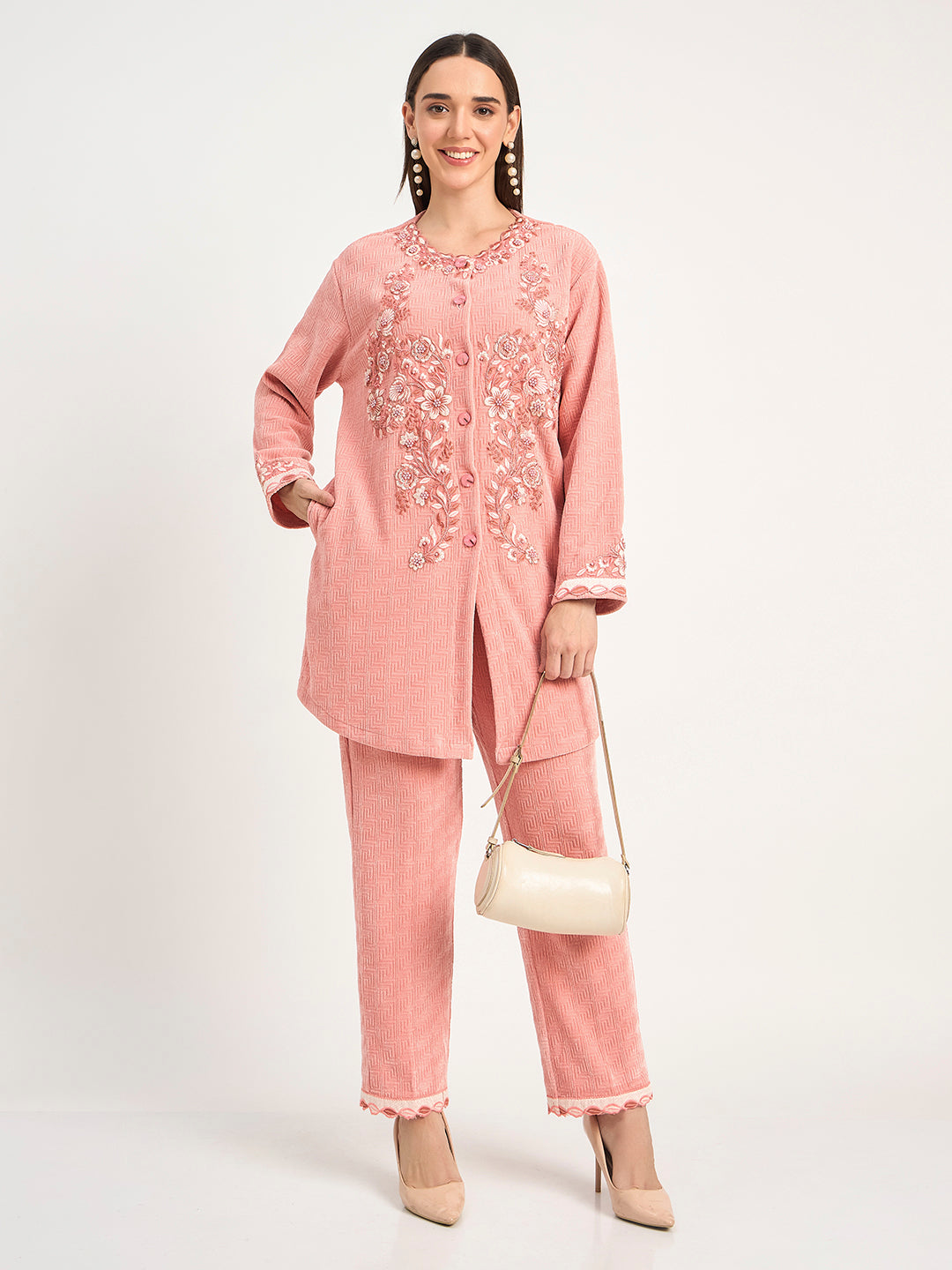 Peach Winter Wear Embroidered Co-Ord Set