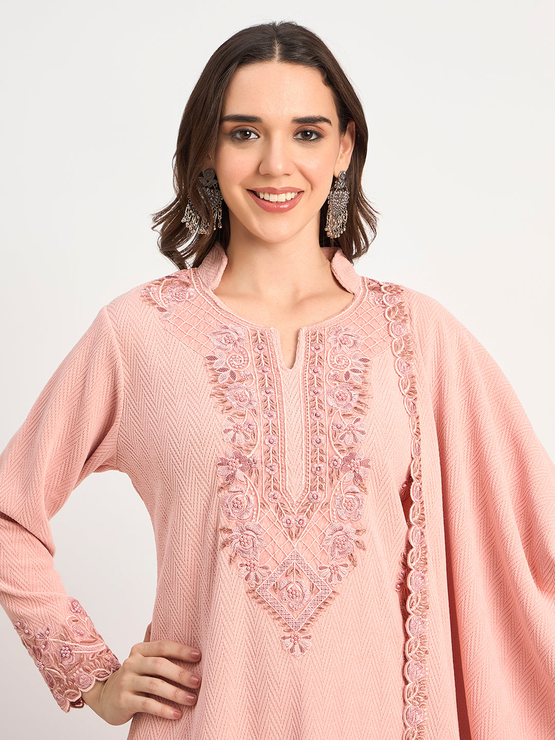 Soft Knit Pink Winter Kurta Pant Dupatta Set