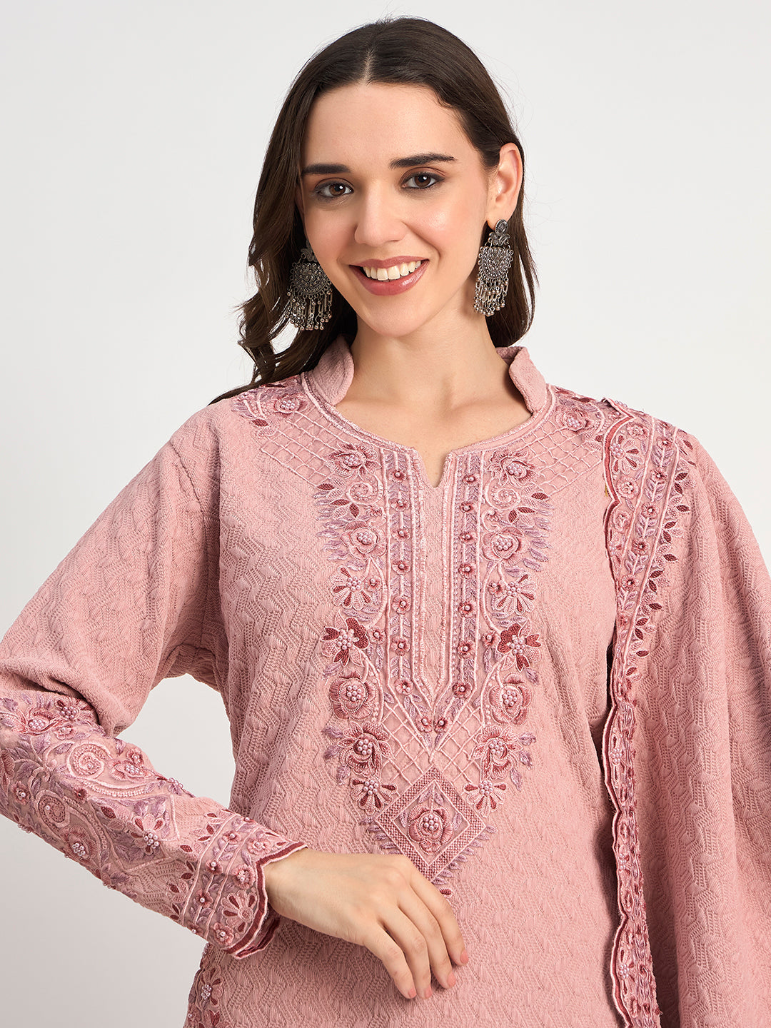 Soft Pink Winter Embroidered Suit for Women