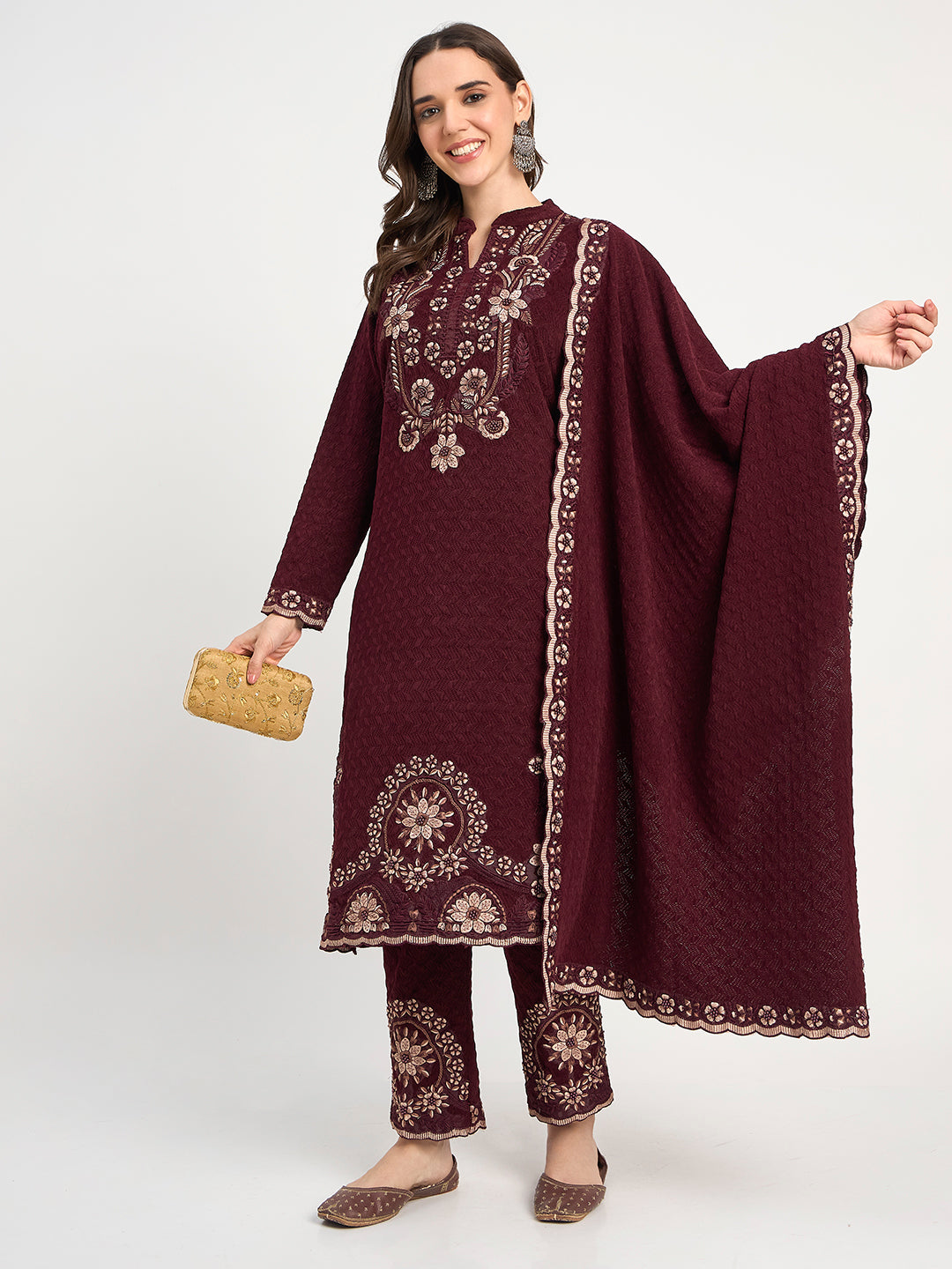 Deep Maroon Winter Embroidered Suit for Women