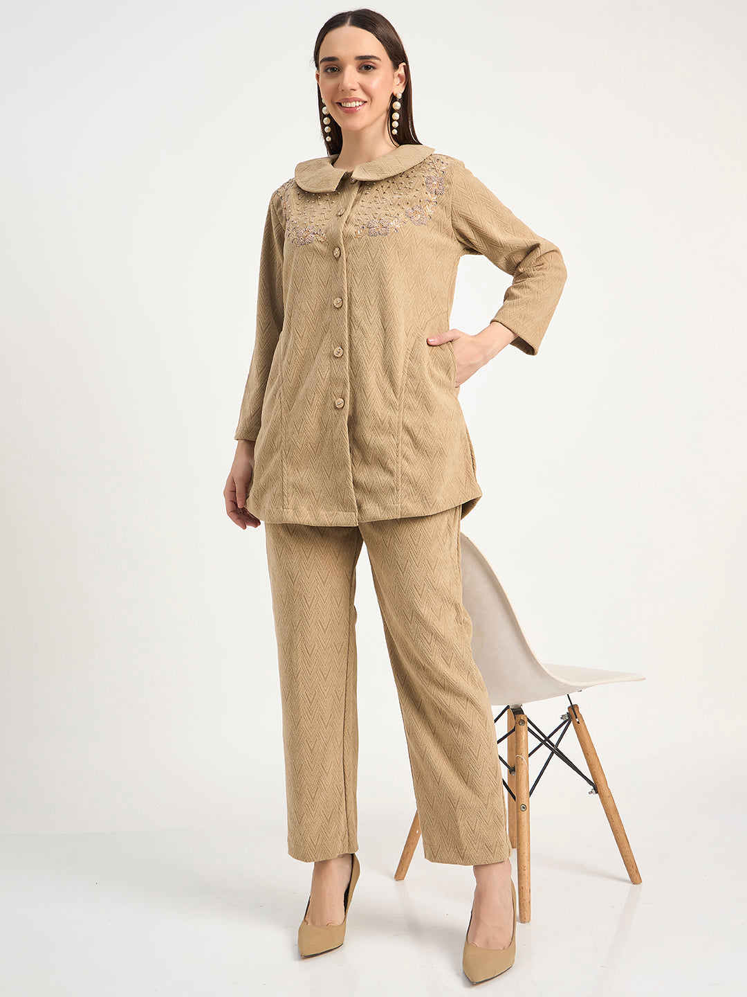 Premium Beige Textured Knit Winter Kurti & Pant Set