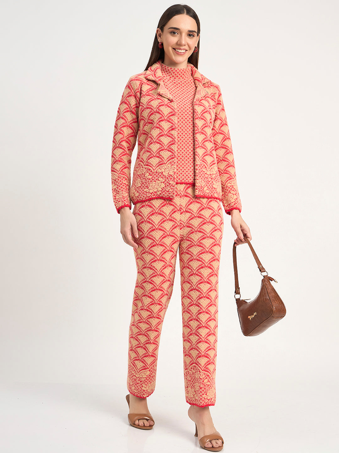 Red Beige Textured Knit Winter Co-ord Set for Women