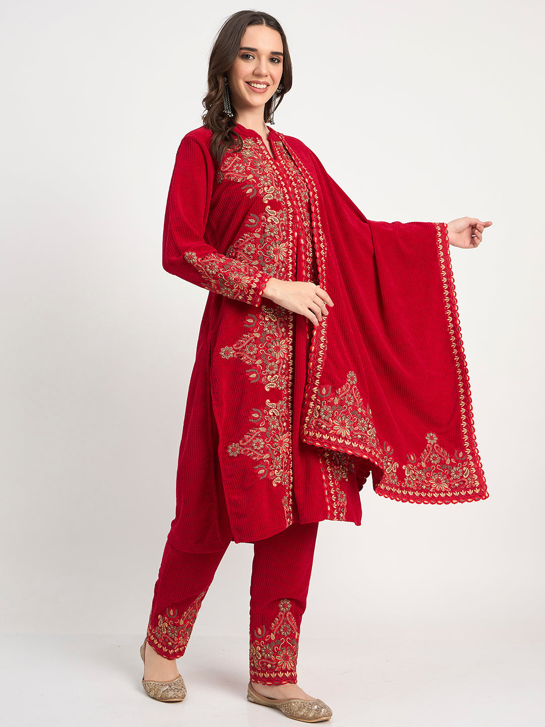 Premium Red Winter Embroidered Kurti Pant Shawl Set