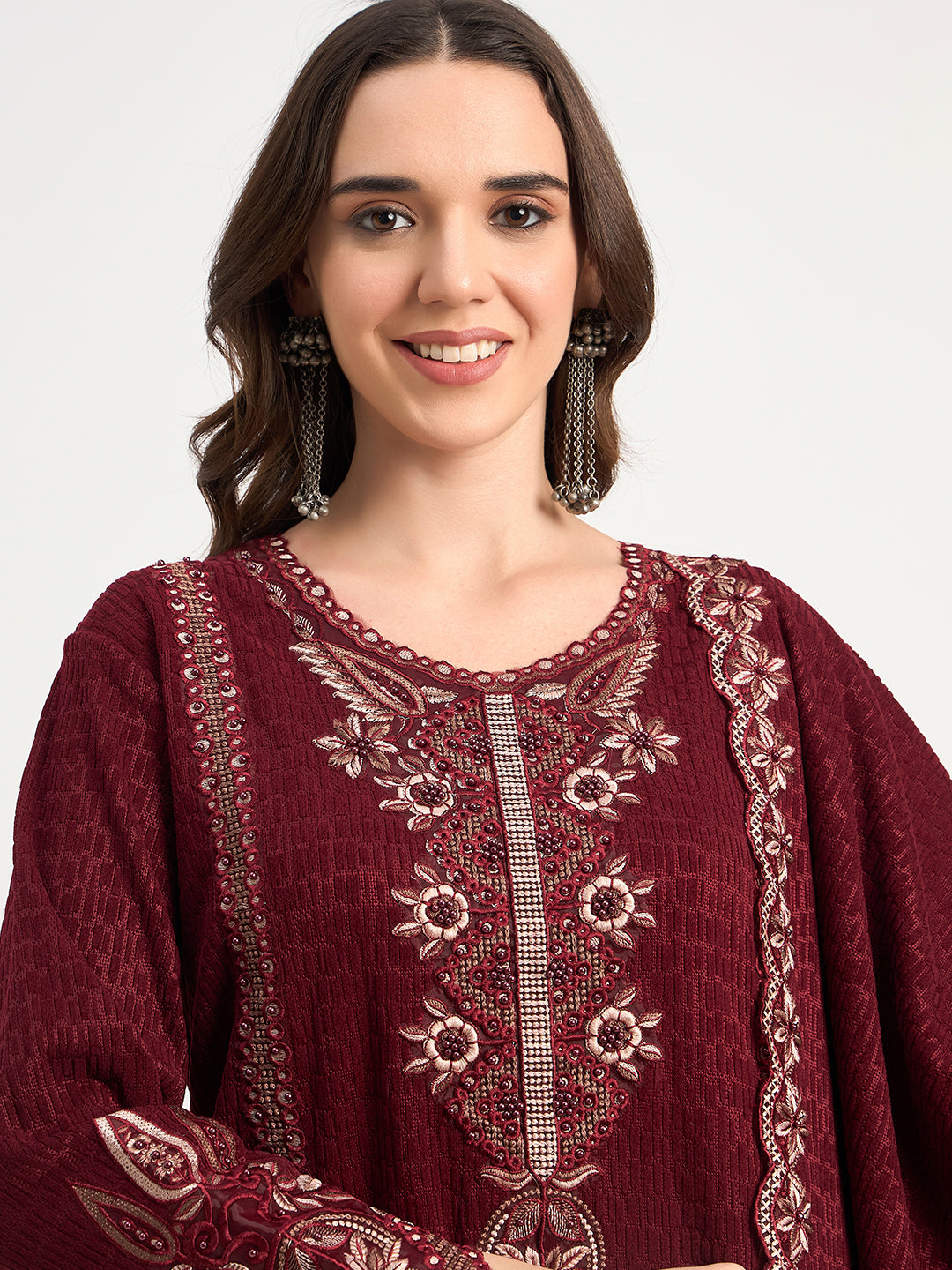 Maroon Festive Embroidered Winter Suit