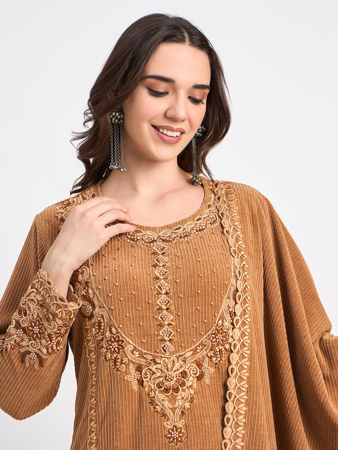 Premium Camel Brown 3-Piece Embroidered Winter Suit