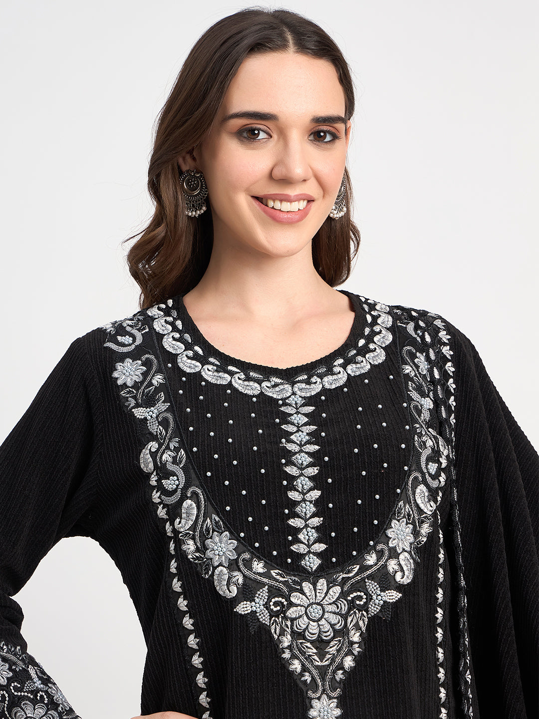 Elegant Black Winter Embroidered Suit