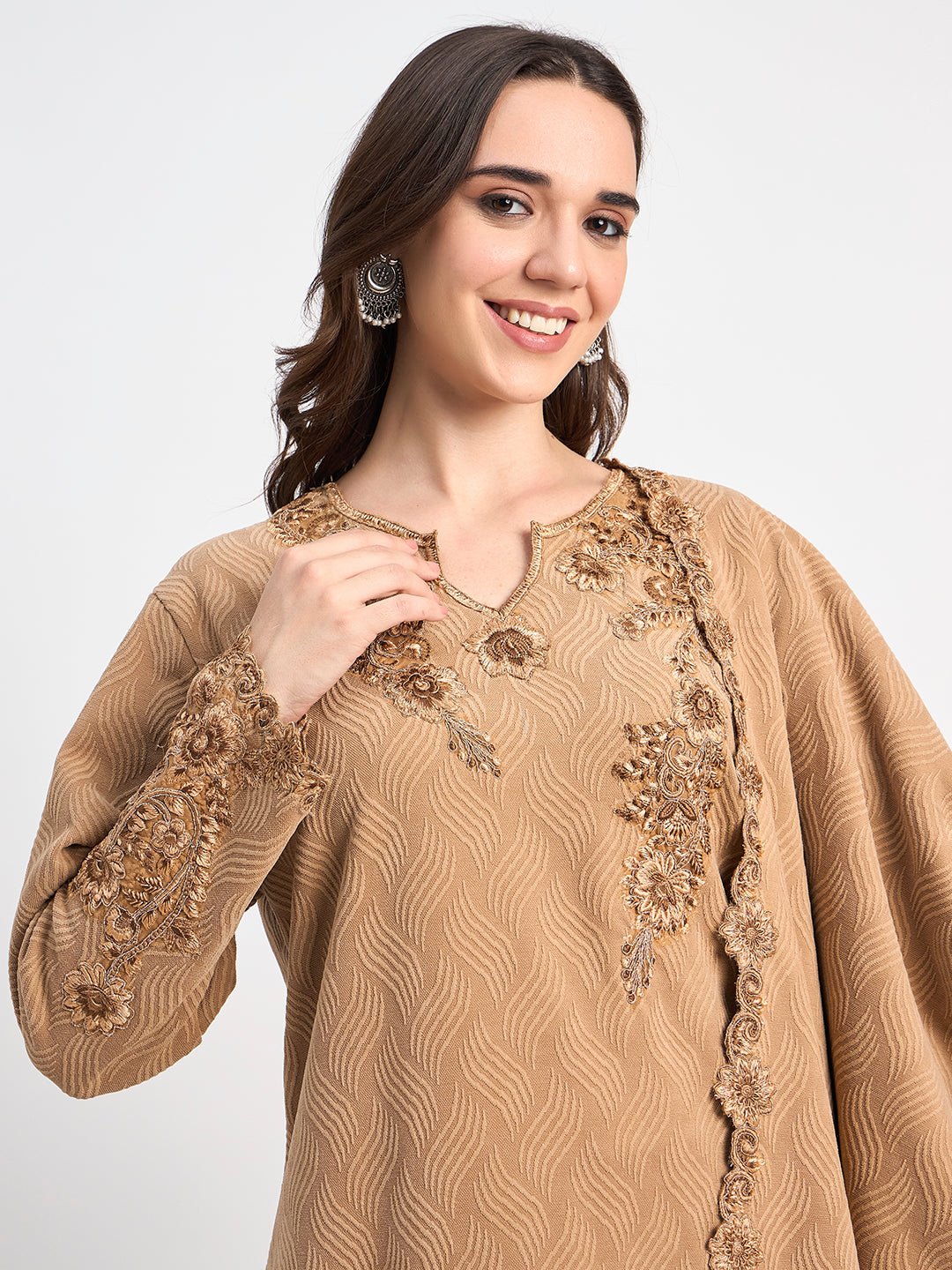 Elegant Beige Winter Kurti Pant Shawl Set