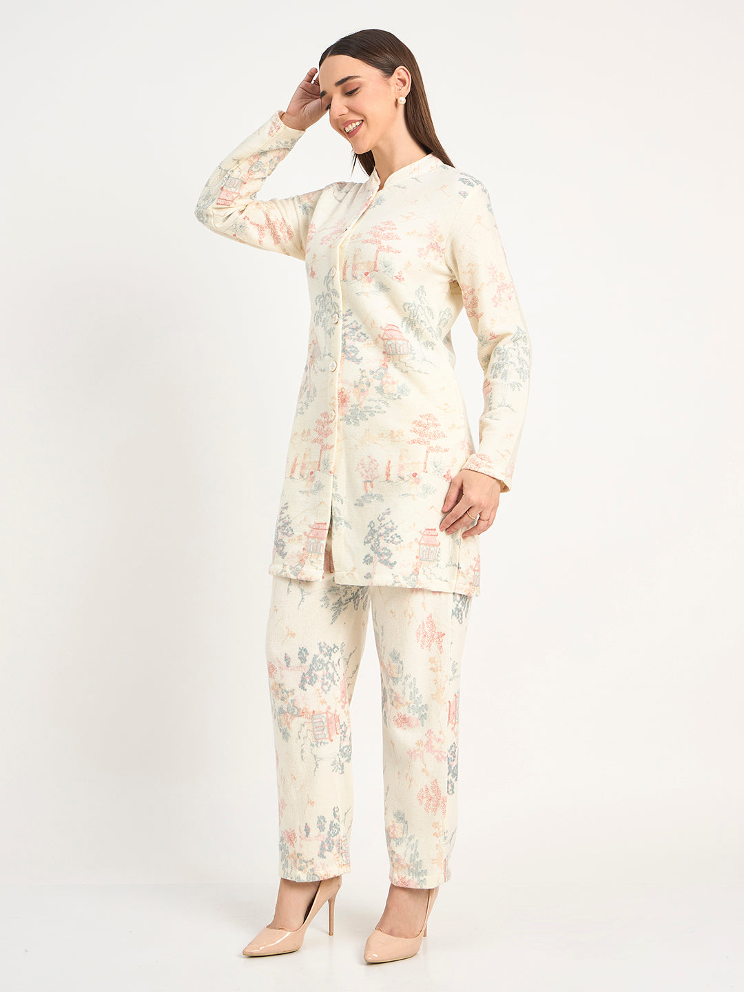 Cream Pastel Scenic Print Winter Wool Co-ord Set