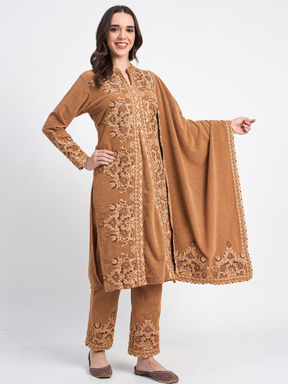 Brown Winter Kurti Pant Shawl Embroidered Set