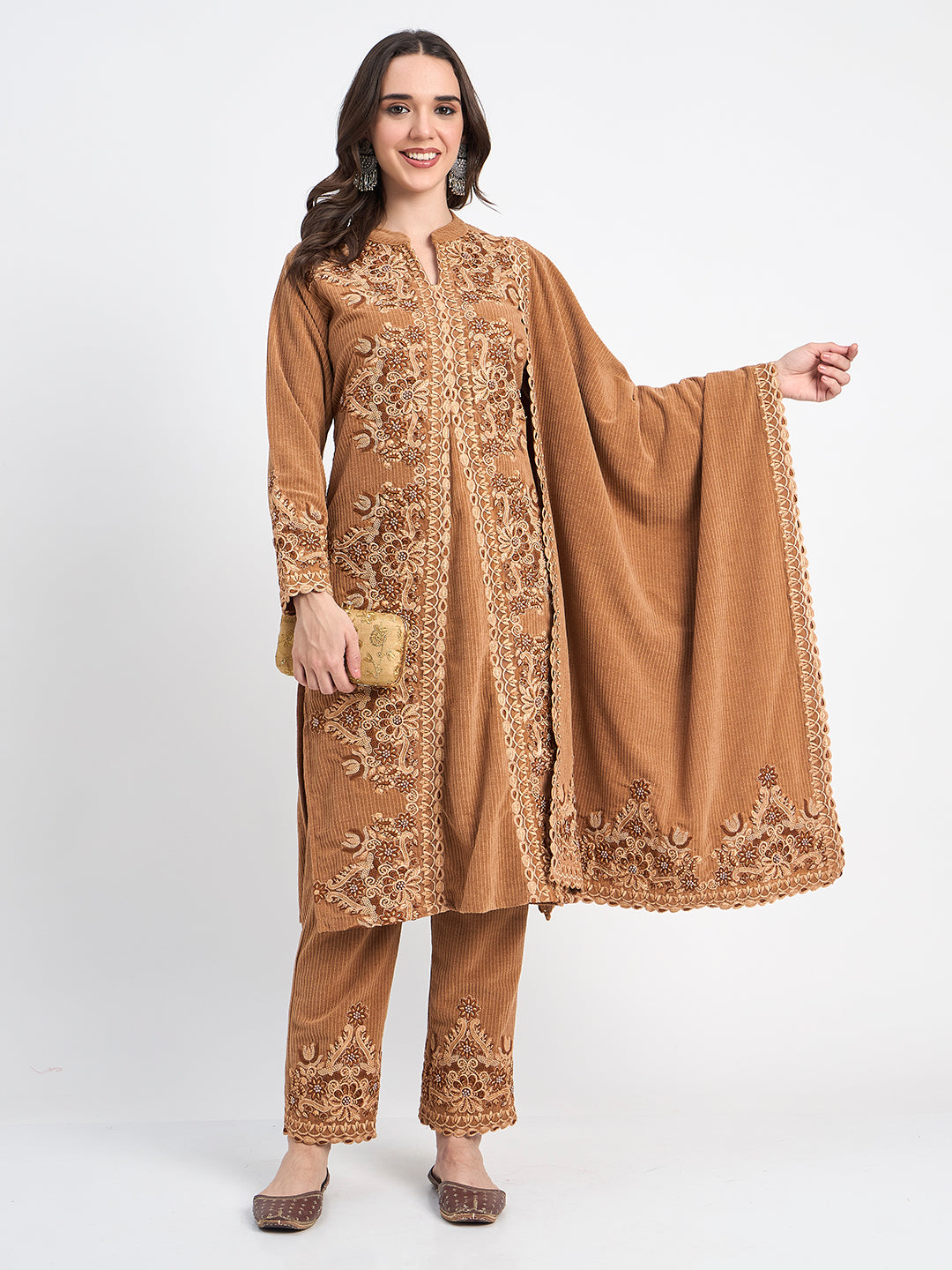 Brown Winter Kurti Pant Shawl Embroidered Set