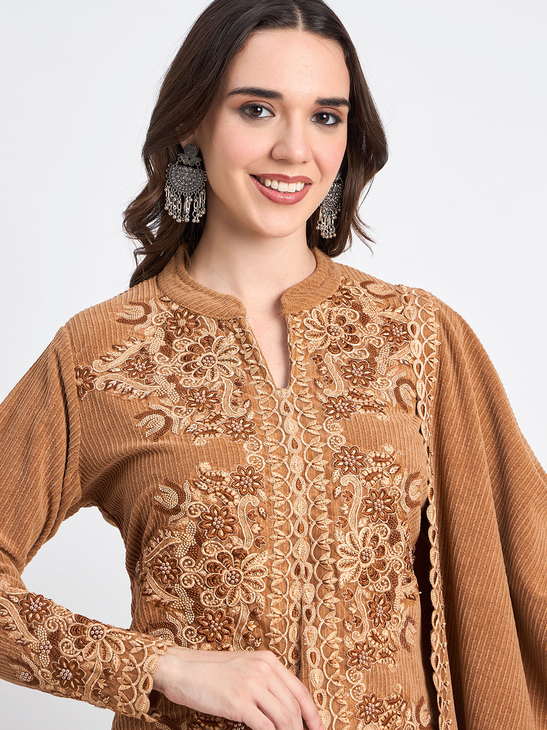 Brown Winter Kurti Pant Shawl Embroidered Set