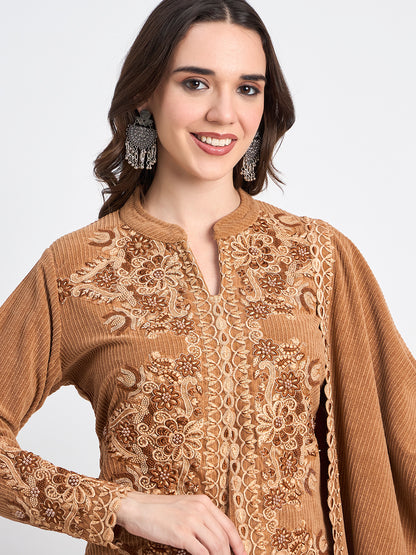 Brown Winter Kurti Pant Shawl Embroidered Set