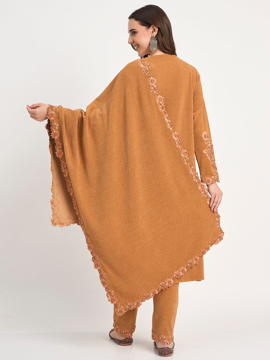 Elegant Brown Winter Embroidered Suit Set