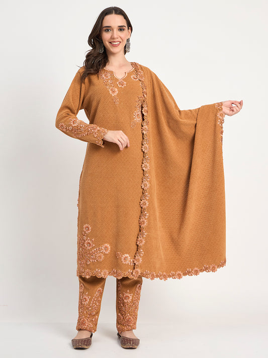 Elegant Brown Winter Embroidered Suit Set