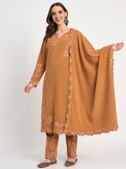 Elegant Brown Winter Embroidered Suit Set