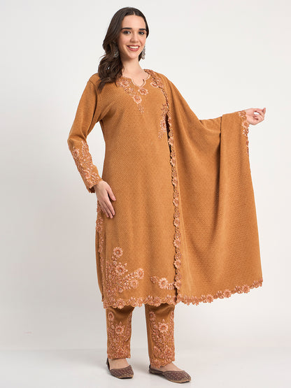 Elegant Brown Winter Embroidered Suit Set