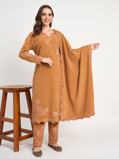 Elegant Brown Winter Embroidered Suit Set