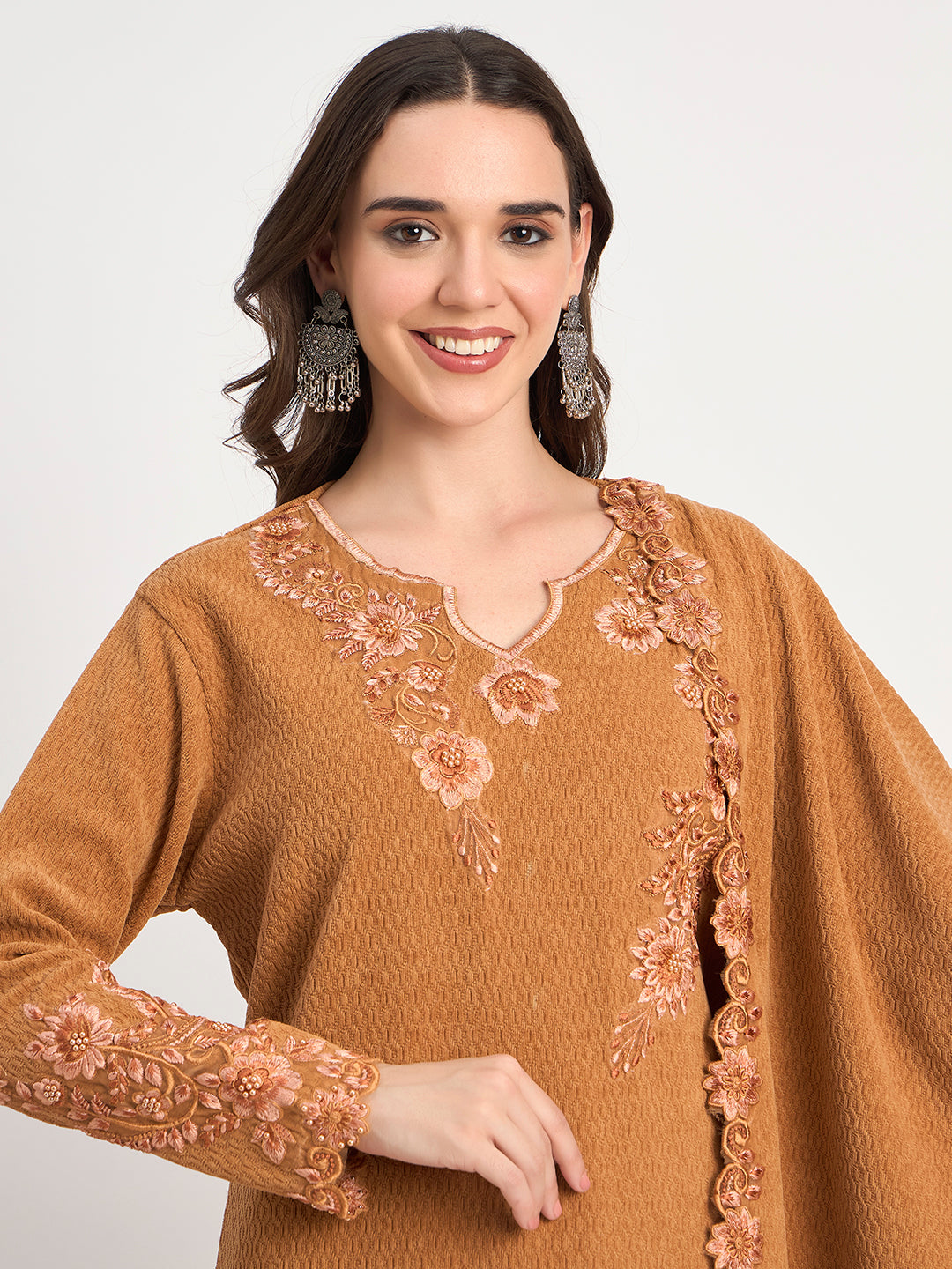 Elegant Brown Winter Embroidered Suit Set