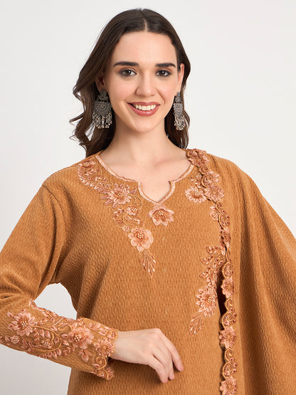 Elegant Brown Winter Embroidered Suit Set