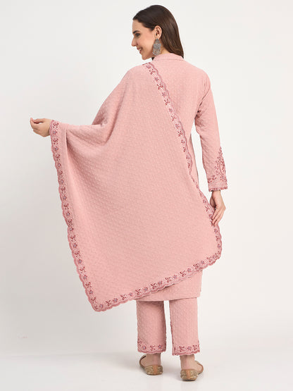 Pastel Pink Warm Knit Embroidered Kurti Pant Shawl Set