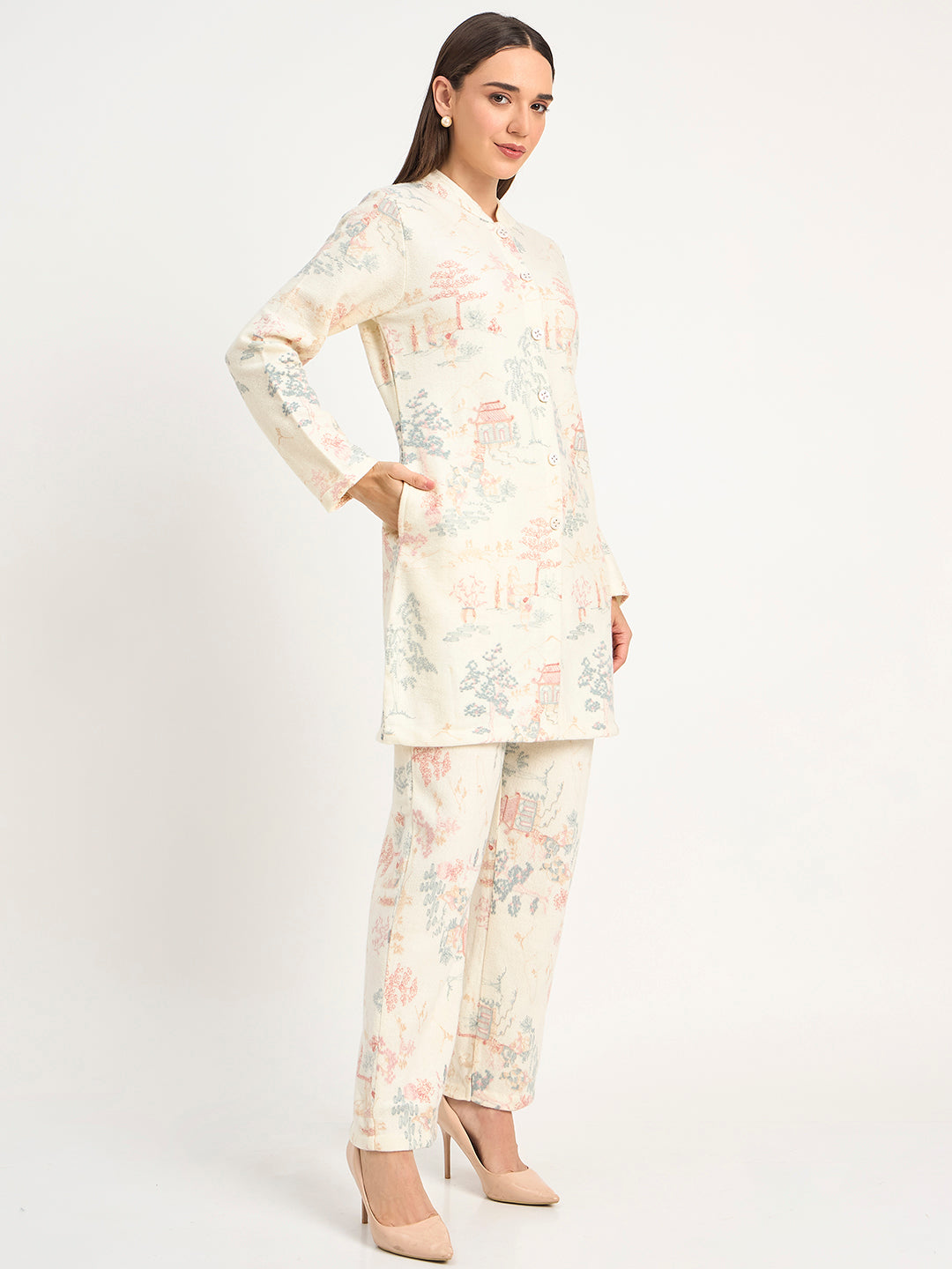 Cream Pastel Scenic Print Winter Wool Co-ord Set