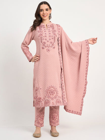 Pastel Pink Warm Knit Embroidered Kurti Pant Shawl Set