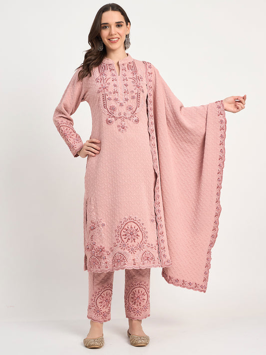 Pastel Pink Warm Knit Embroidered Kurti Pant Shawl Set