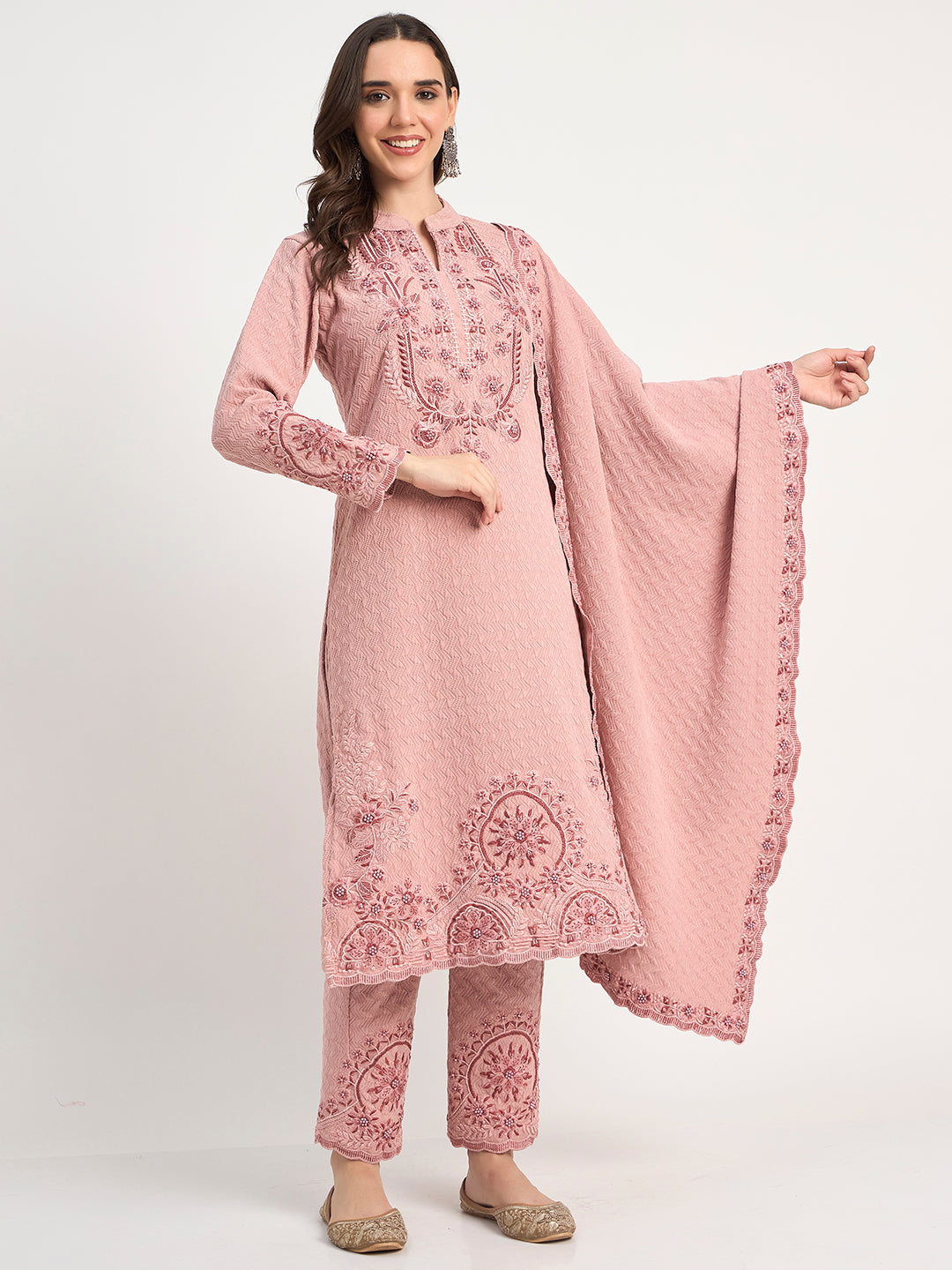 Pastel Pink Warm Knit Embroidered Kurti Pant Shawl Set