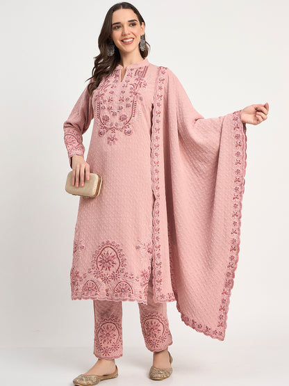 Pastel Pink Warm Knit Embroidered Kurti Pant Shawl Set