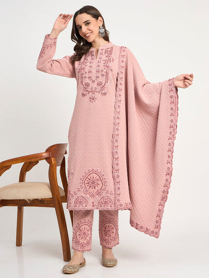 Pastel Pink Warm Knit Embroidered Kurti Pant Shawl Set