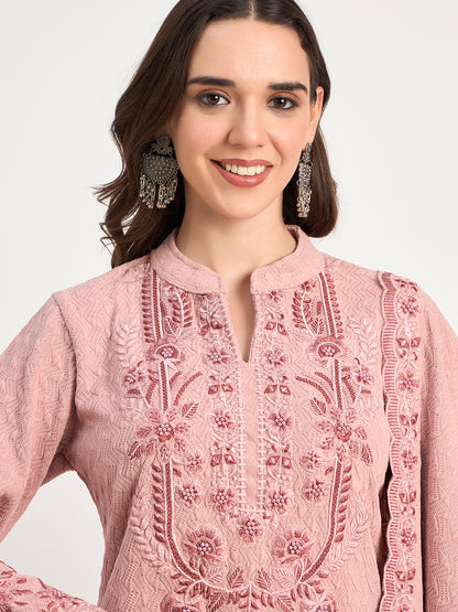 Pastel Pink Warm Knit Embroidered Kurti Pant Shawl Set