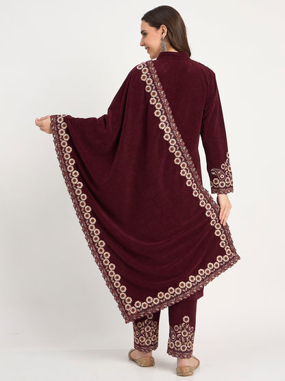 Wine Winter Embroidered Kurti Pant Shawl Set