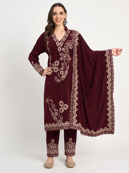 Wine Winter Embroidered Kurti Pant Shawl Set