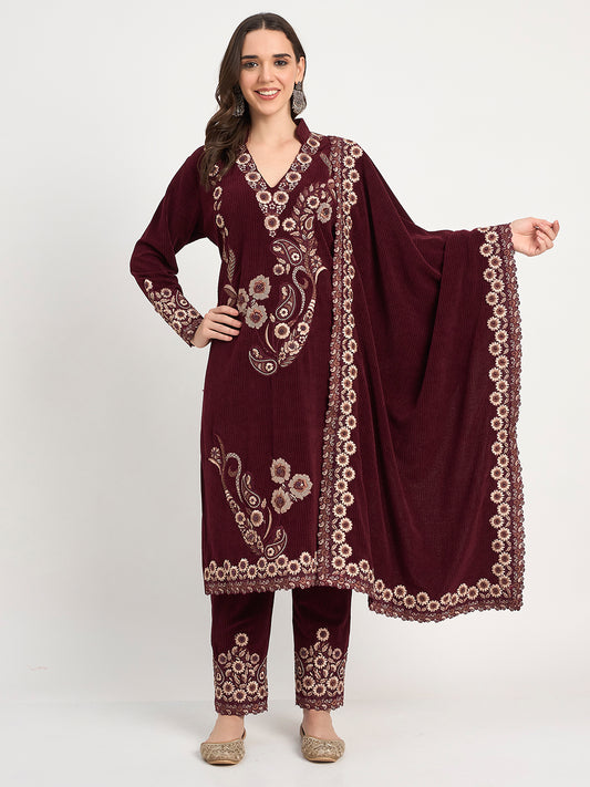 Wine Winter Embroidered Kurti Pant Shawl Set