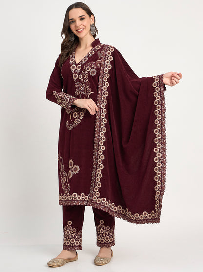 Wine Winter Embroidered Kurti Pant Shawl Set