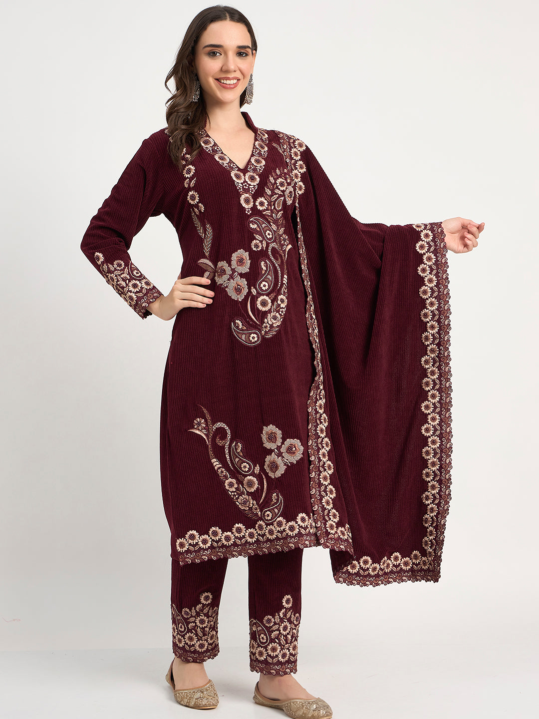 Wine Winter Embroidered Kurti Pant Shawl Set