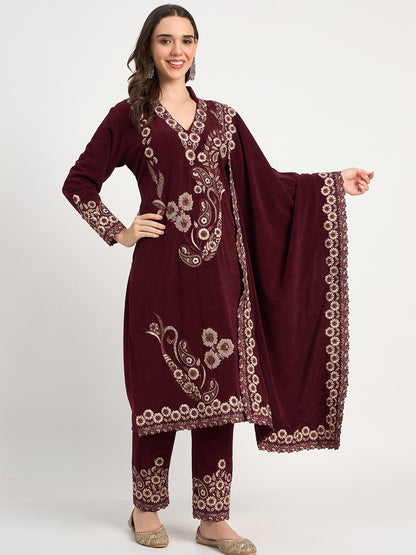 Wine Winter Embroidered Kurti Pant Shawl Set
