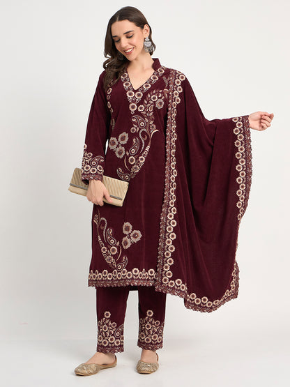 Wine Winter Embroidered Kurti Pant Shawl Set