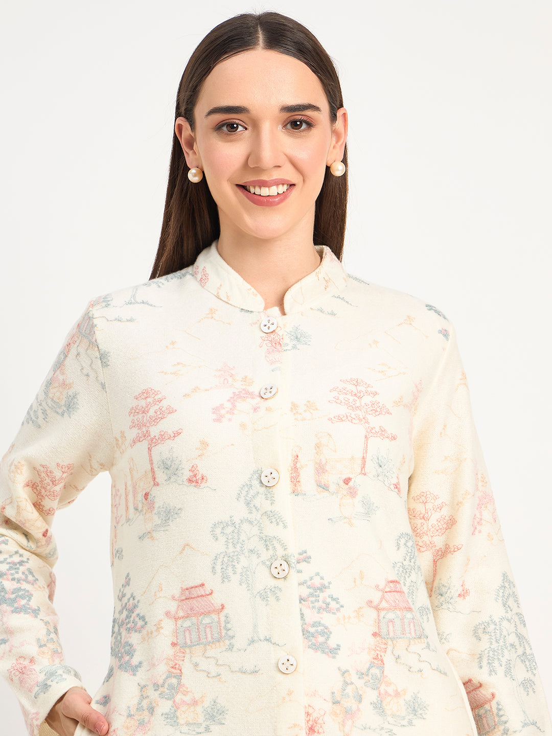 Cream Pastel Scenic Print Winter Wool Co-ord Set