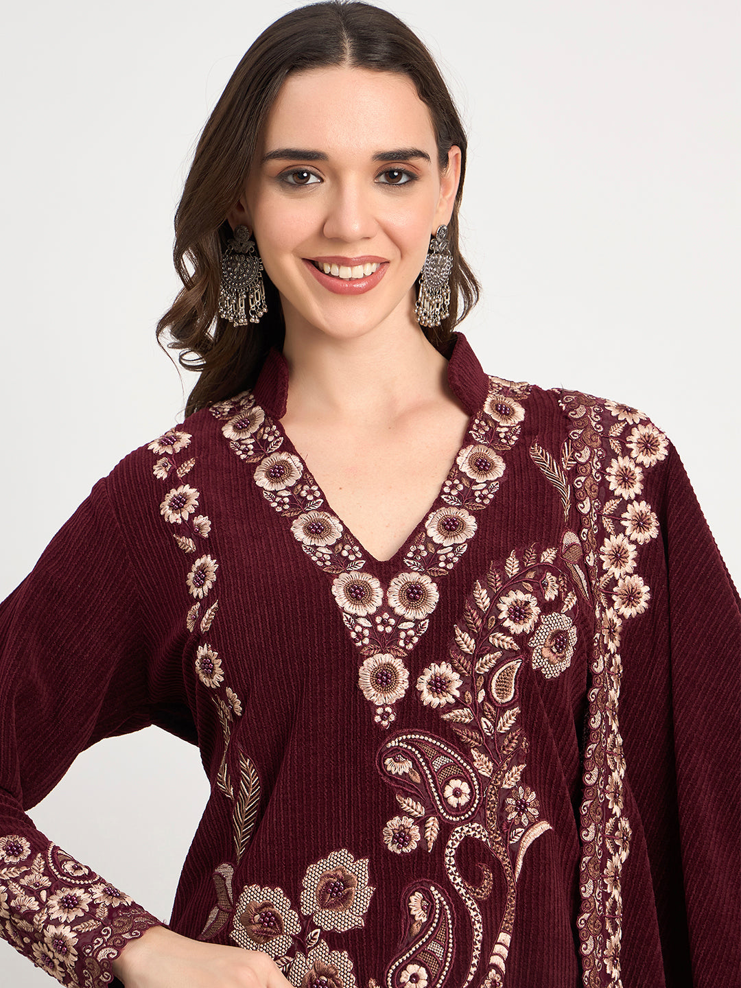 Wine Winter Embroidered Kurti Pant Shawl Set
