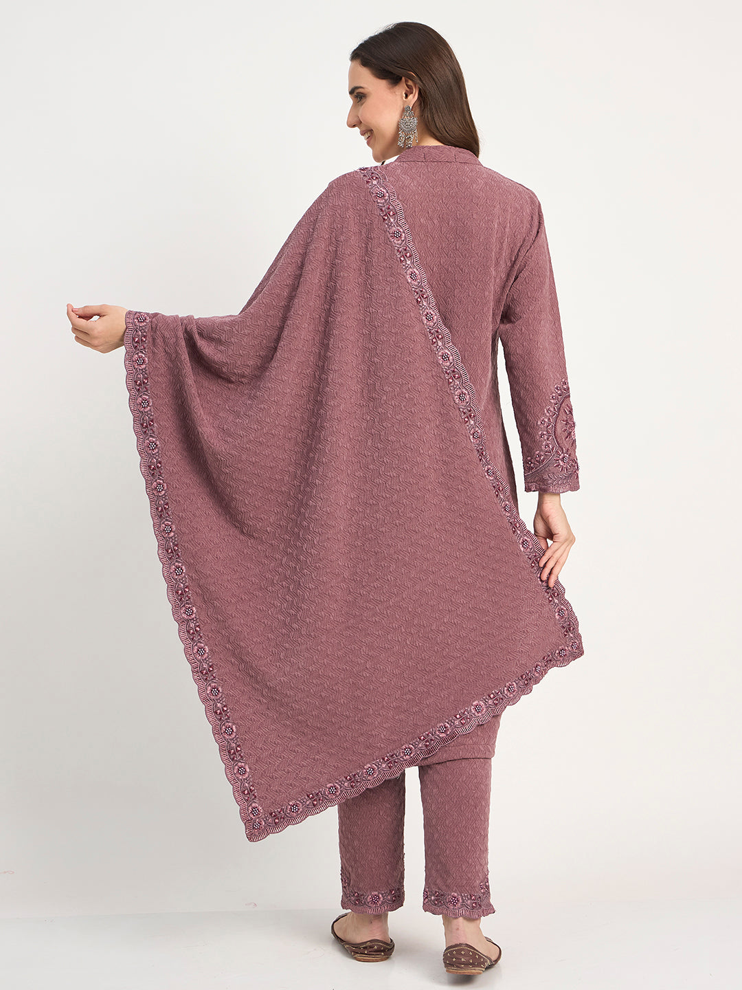 Premium Mauve Knit Embroidered Kurti Pant Shawl Set