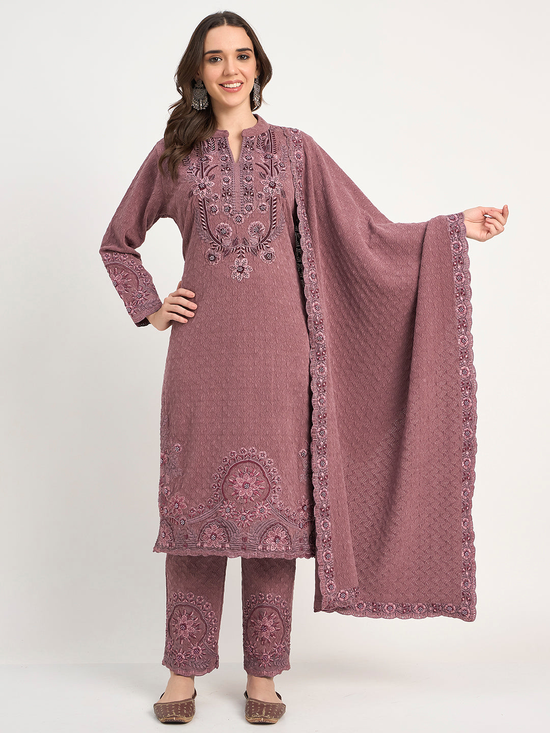 Premium Mauve Knit Embroidered Kurti Pant Shawl Set