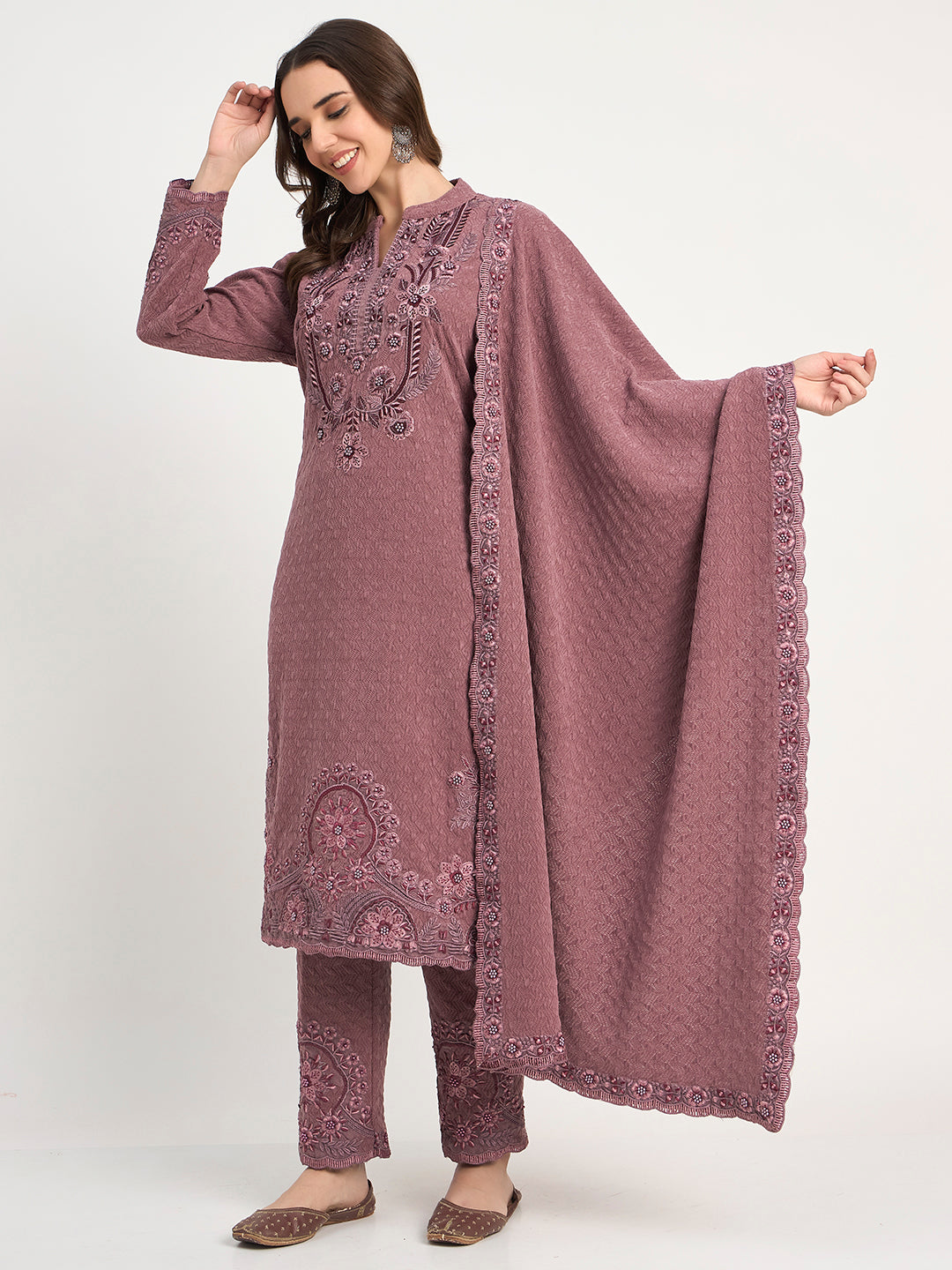Premium Mauve Knit Embroidered Kurti Pant Shawl Set