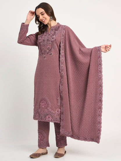 Premium Mauve Knit Embroidered Kurti Pant Shawl Set