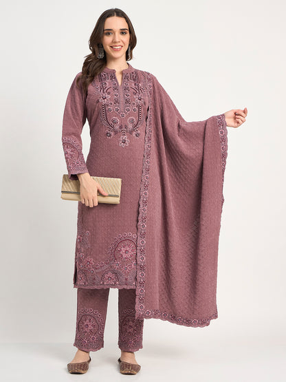 Premium Mauve Knit Embroidered Kurti Pant Shawl Set