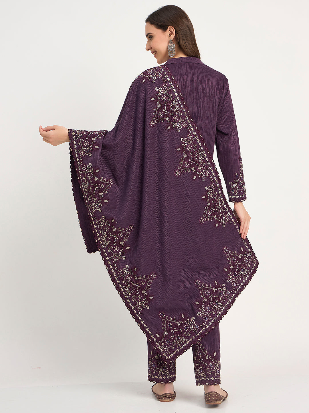 Purple Winter Embroidered Suit Set with Shawl