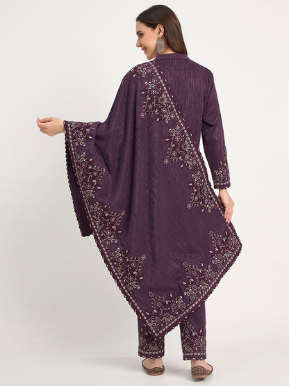 Purple Winter Embroidered Suit Set with Shawl