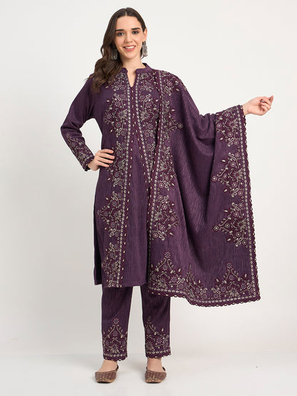 Purple Winter Embroidered Suit Set with Shawl